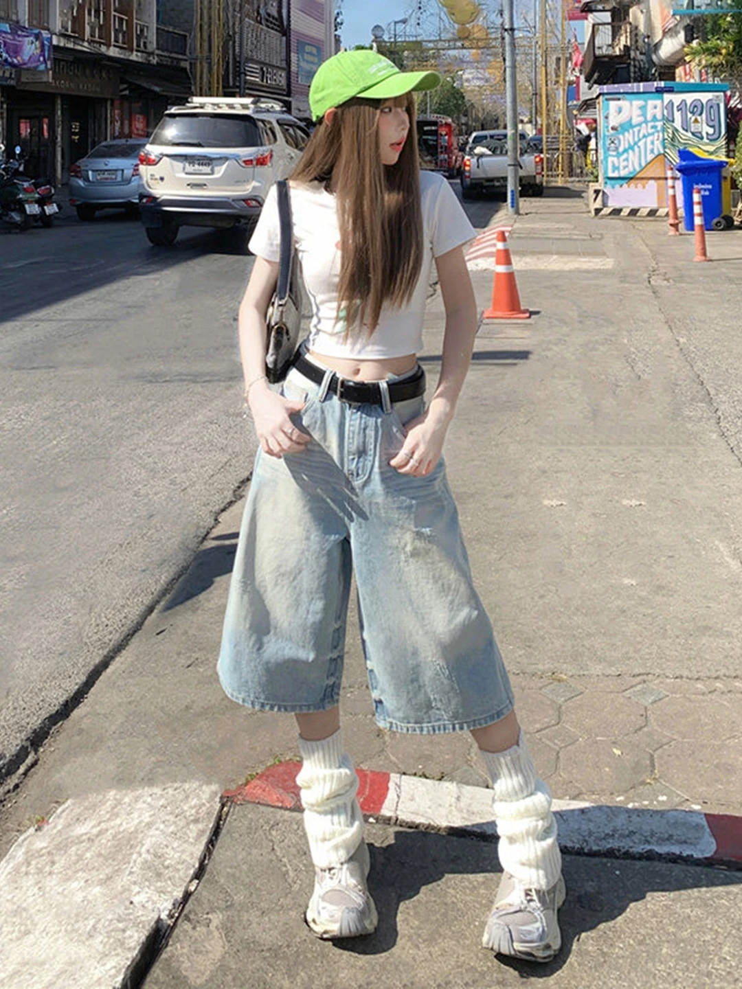 

Summer Washed Loose Wide Leg Seven-Foot Jeans Women plus Size American Casual Straight Tube High Waist Denim Pants