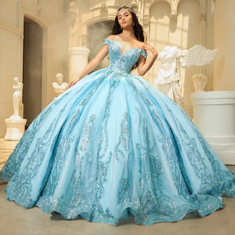 

Design Sense Sky Blue Quinceanera Dress off-shoulder crystal glitter decal Long tail vestidos de 15 Quinceanera ﻿Customize