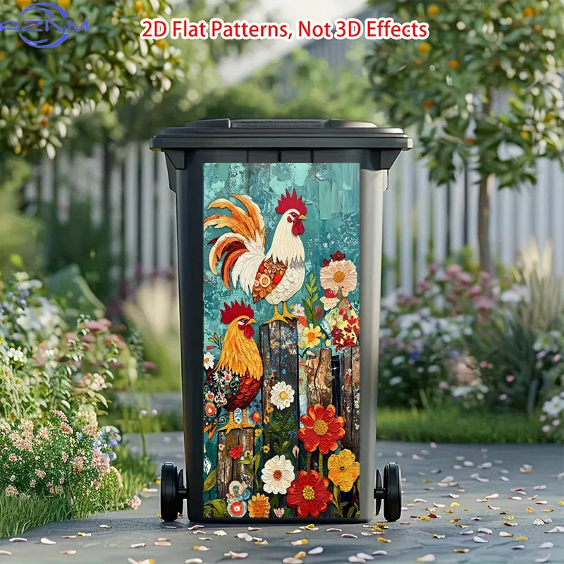 Floral Trash Can Sticker, Colorful Roosters Self-Adhesive Art Stickers, Rustic Charm Trash Can Stickers, Vibrant Suitable for