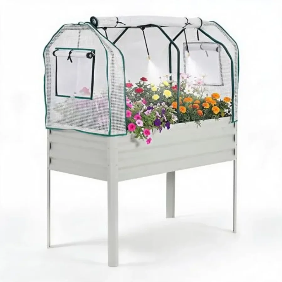Large metal raised garden bed for vegetables and flowers, galvanized steel, silver, with legs, cover, and built-in spray tube f