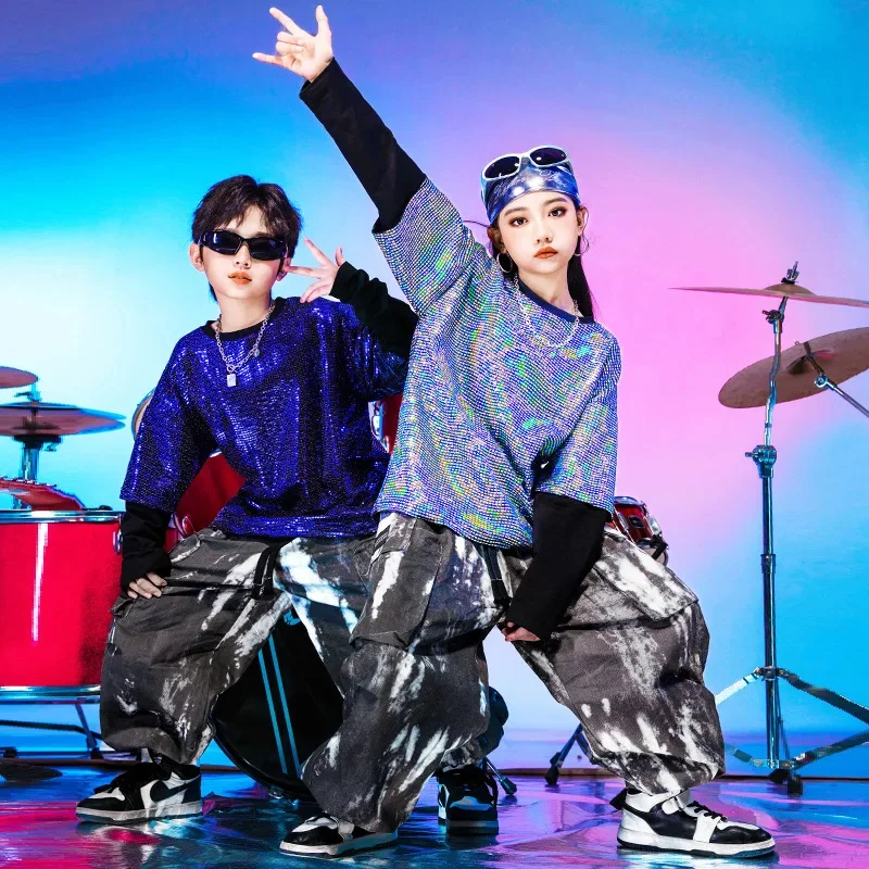 

Children Sequin Long Sleeve T-shirt Cargo Pants Boys Girls Jazz Hip Hop Stage Dancer Show Clothing Costumes Kids Tracksuits