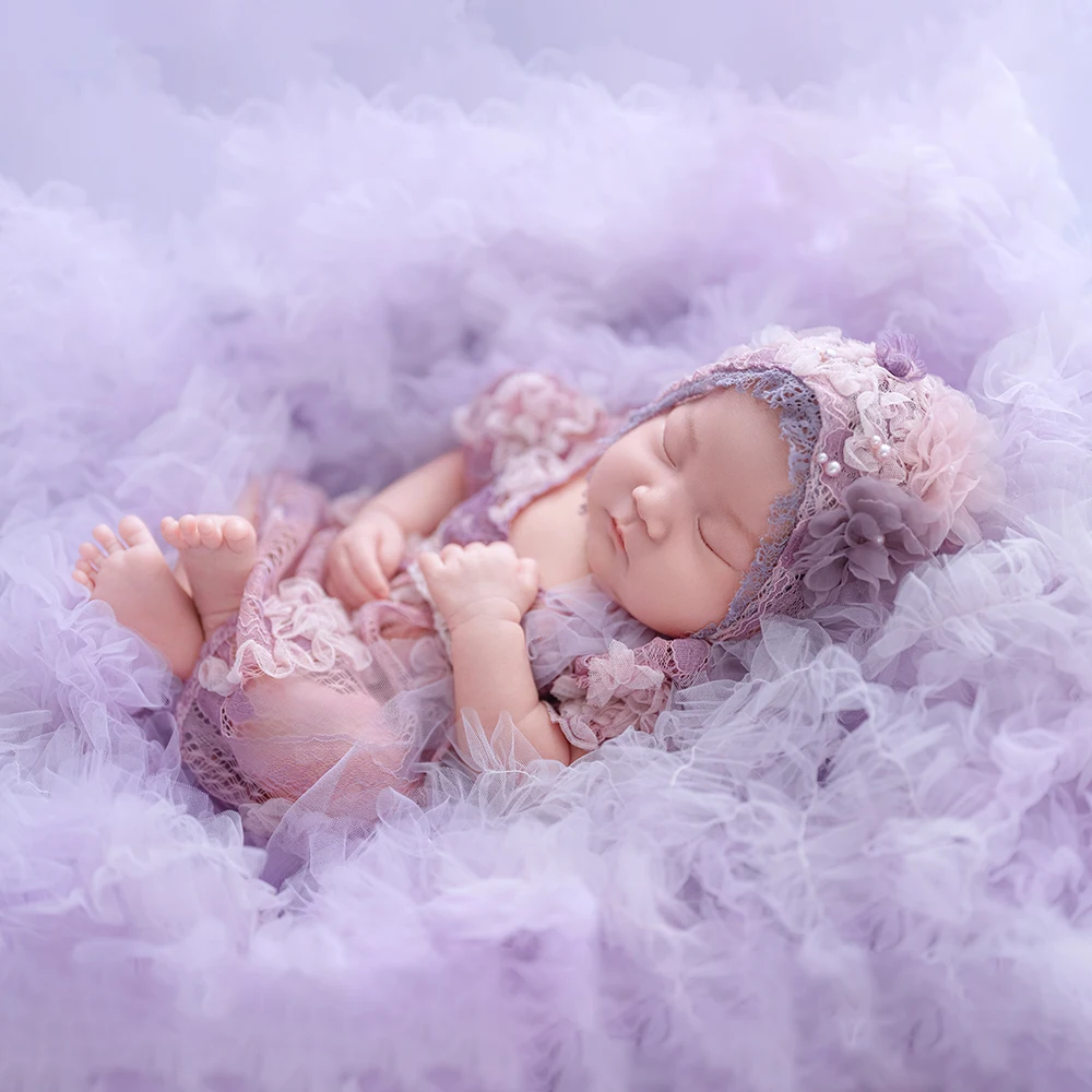 Purple Fantasy Theme Newborn Photography Props Baby Girl Lace Dresses+Flower Hat Soft Purple Mesh Blanket Studio Shoot Accessory