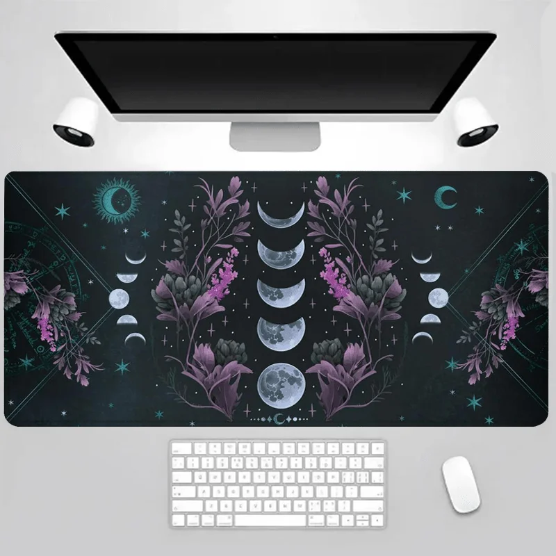 Mystical Moon Phase Floral Extended Gaming Desk Mat Non-Slip Stitched Edge Mouse Pad