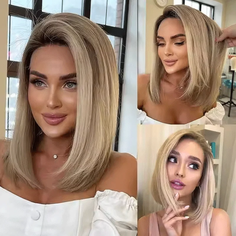 By Luxury 180 Density Ombre High gloss Grey Blonde Lace front wig Human hair pre-pulled 14 inch straight short hair