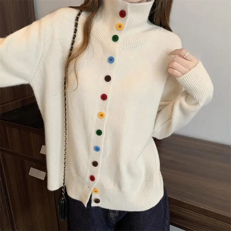 

Корейский стиль, красный воротник-стойка, красочные пуговицы, дизайн, нишевый вязаный кардиган, женский свитер с высоким воротом, осень-зима, новые женские