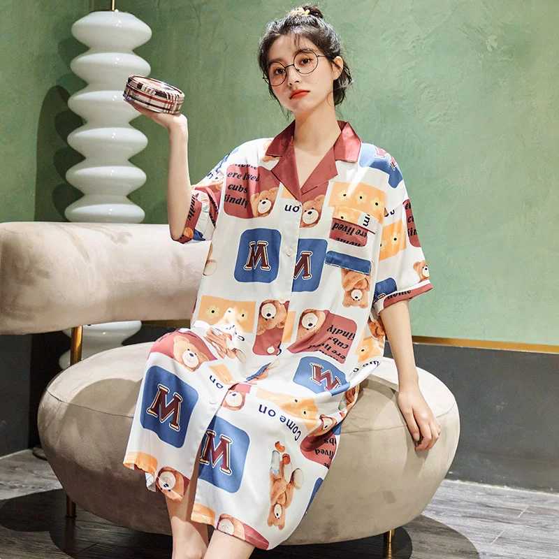 2022 new style pajamas women's summer short sleeved long skirt silk imitation silk cartoon girl student home clothes