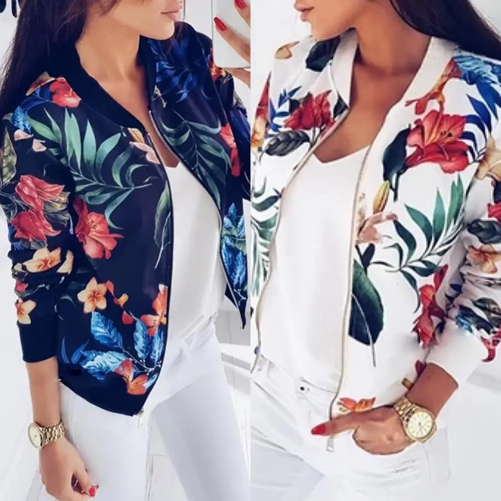 Casaco estampado de flores e folhas de manga comprida feminino, jaqueta de beisebol feminina, outwear esportivo, casaco com zíper, moda