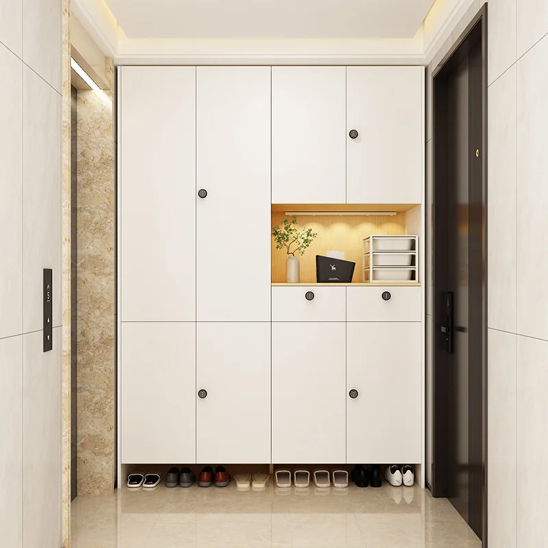 Enter shoe cabinet in the corridor outside the door, and store it in a large capacity with a lock at door of the home.