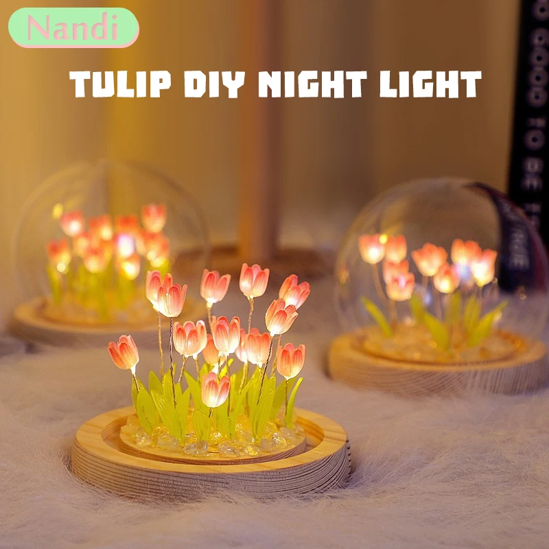 Artificial Tulip Flower Night Light Handmade DIY Bedside Lamp LED Night Lamp Bedroom Decor Christmas Birthday Gifts Table Lamp