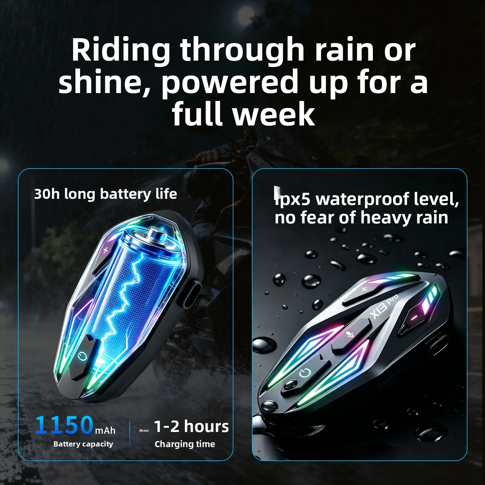 Bluetooth Headset Motorcycle Helmet Intercom, Waterproof Noise-Cancelling, For Outdoor Riding