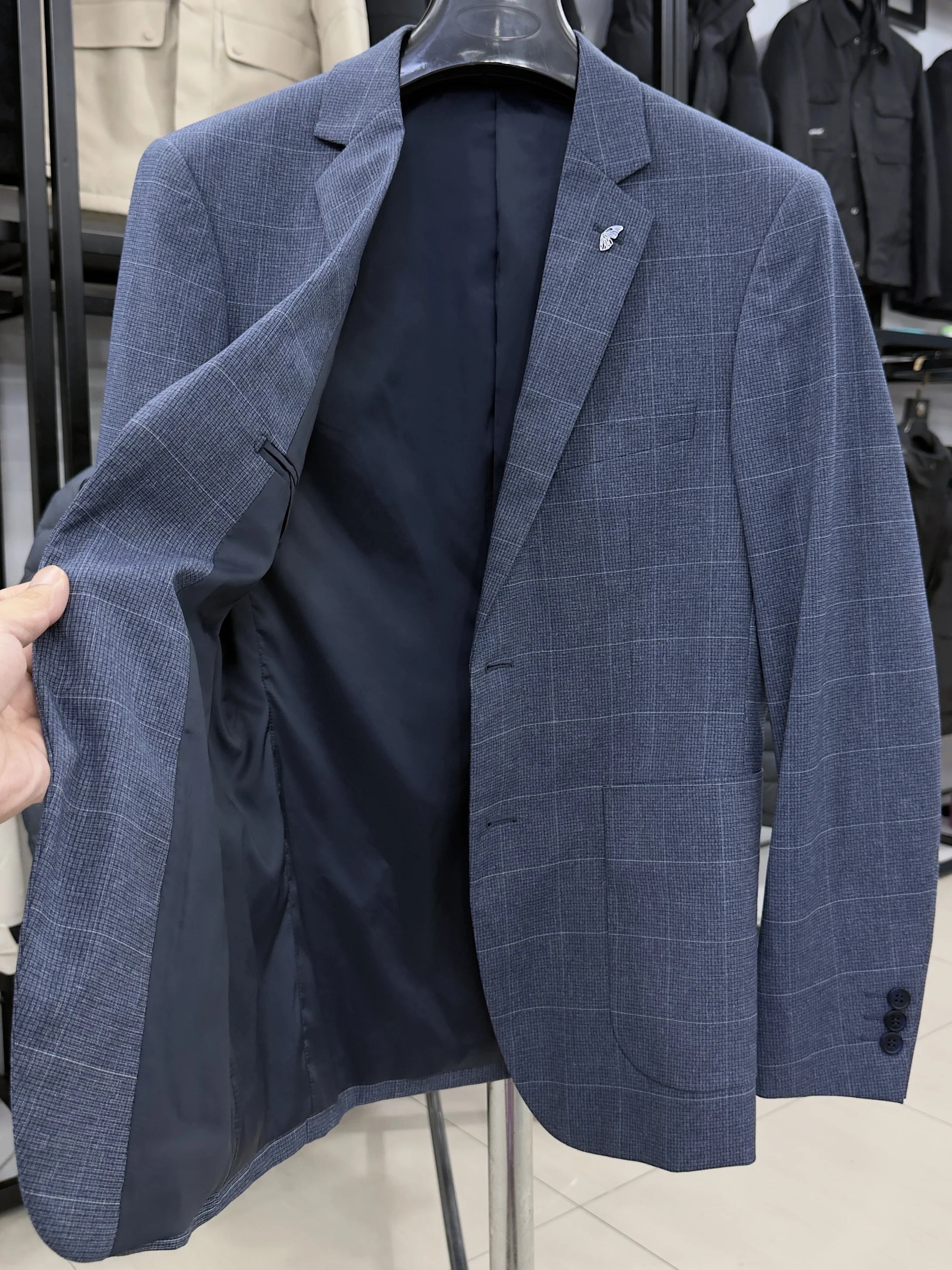 

Busin Casual Men's Plaid Patterned Slim Fit Single-breasted Jaet Spring Autumn Season Polyester Fiber Dry Clean Only