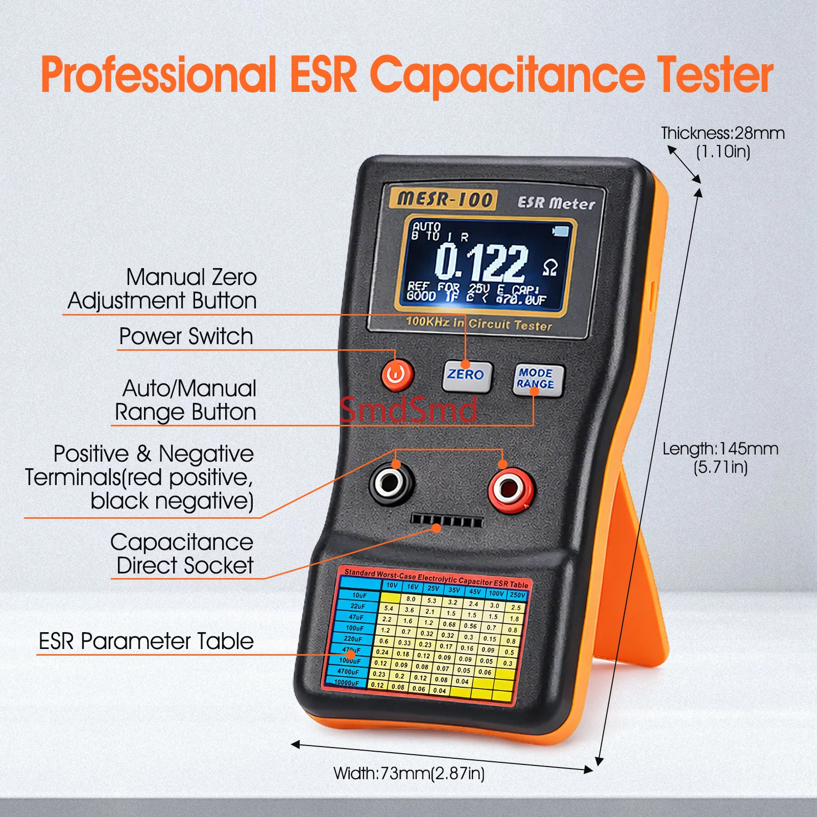 MESR-100 V2 Auto Ranging in Circuit ESR Meter Capacitor Tester/Low Ohm Meter Up to 0.01-100R, Support in Measuring Capacitance