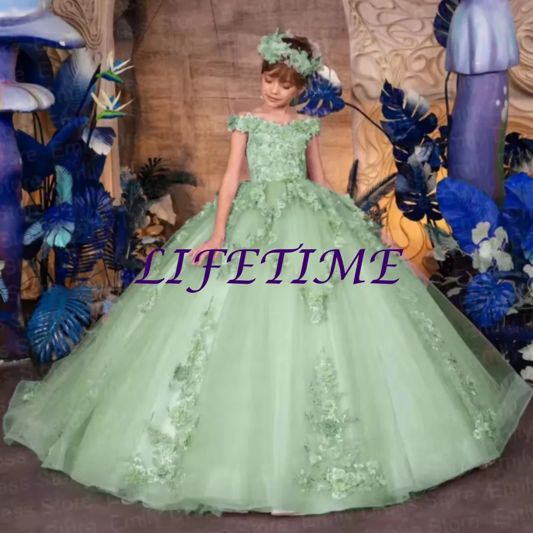 

CustomizedGirls Pageant Dress Off Shoulder Floral Embroidered Tulle Gown Formal Party Wedding Flower Girl Birthday Costume