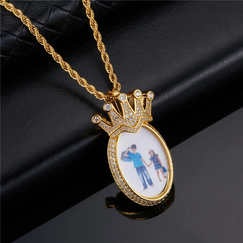 D&Z New Crown Custom Photo Pendant Oval Shape Hip Hop Jewelry For Man Women Personalized Cubic Zircon Chains Gift