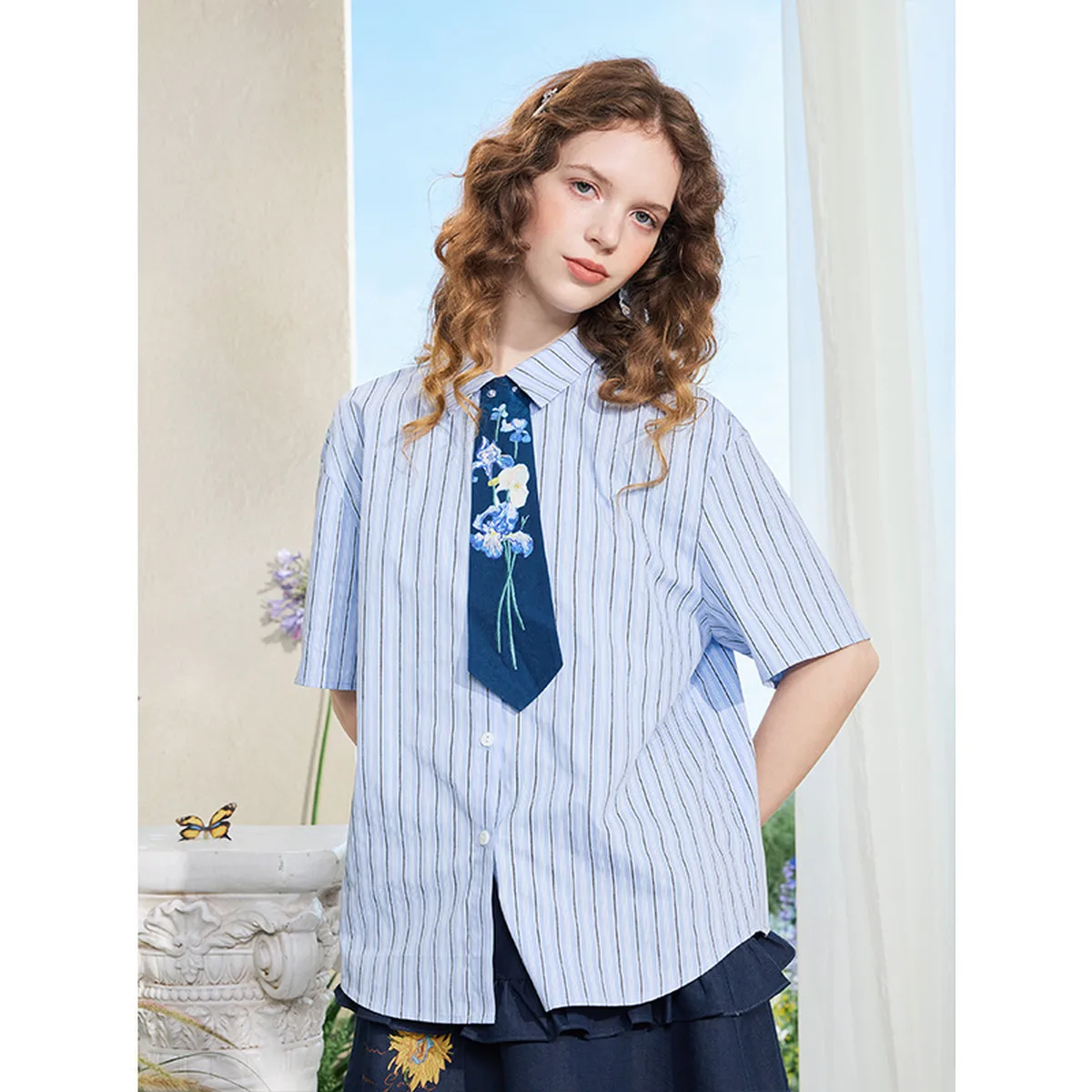 

Van Gogh Literary Flowing Kite Love Casual Detachable Embroidered Tie Women's Loose Shirt