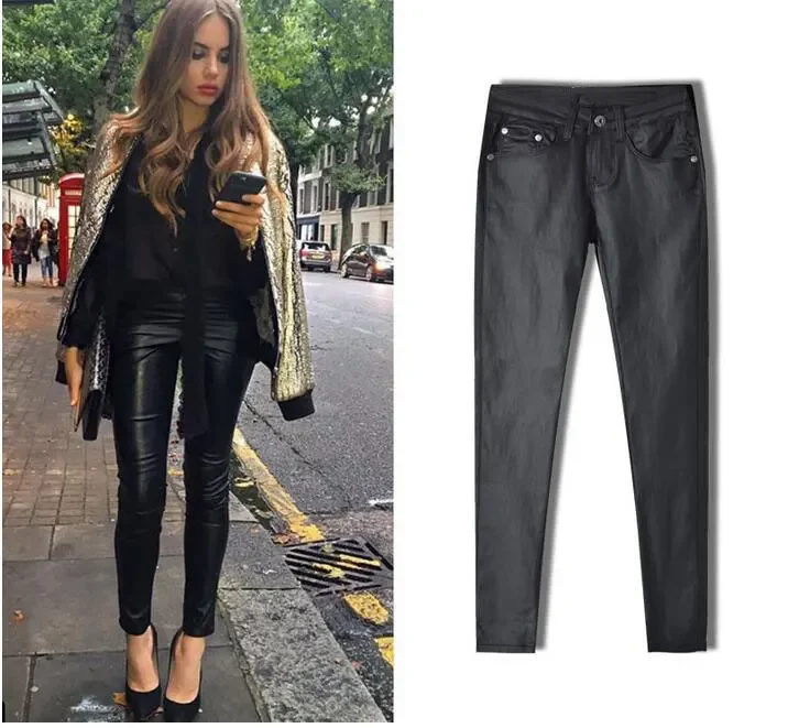 Women Autumn Sexy Low Waist PU Leather Black Skinny Motorcycle Pants