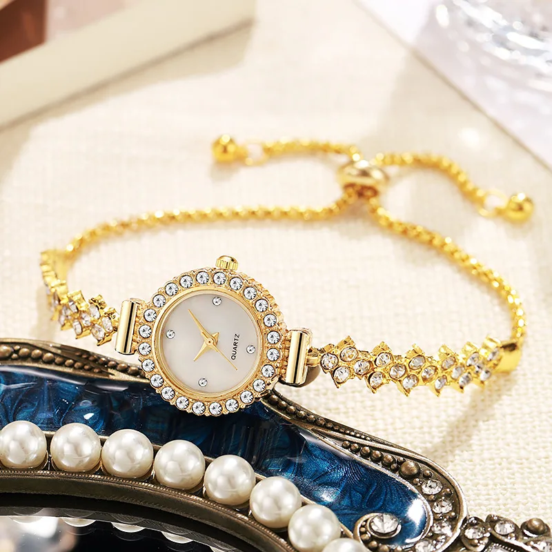 Ladies Watch, niche Fashion Diamond-Encrusted Round Full Diamond Women's Learning Pull-Out Bracelet Quartz Watch