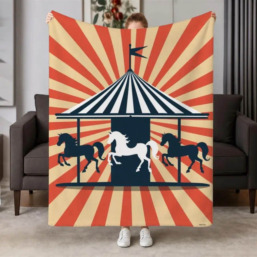 Retro Carousel Horse Throw Blanket - Soft Flannel Weighted Bedspread Suitable for Couch, Bed, & Travel, Machine Washable Vintage Horse with Galloping Horses, Cozy Gift for &, - Warmth, 2D Flat