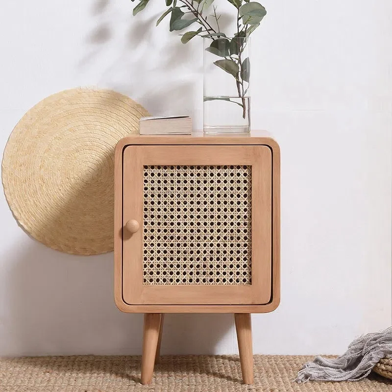 Wooden Bedside Table Living Room Furniture Sofa Side Table Rattan Weaving Coffee Tables Bedroom Small Storage Cabinet