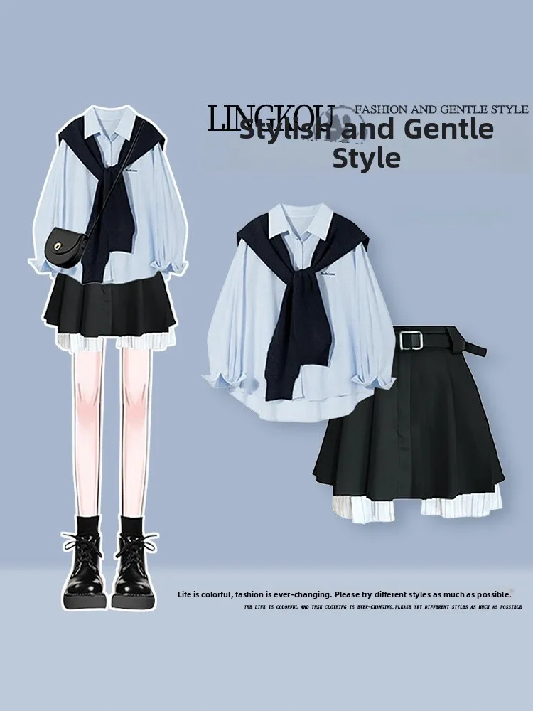 

Комплект из двух предметов: женская рубашка и короткая юбка в осеннем студенческом стиле, большие размеры, с эффектом похудения, с завышенной талией, модный дизайн