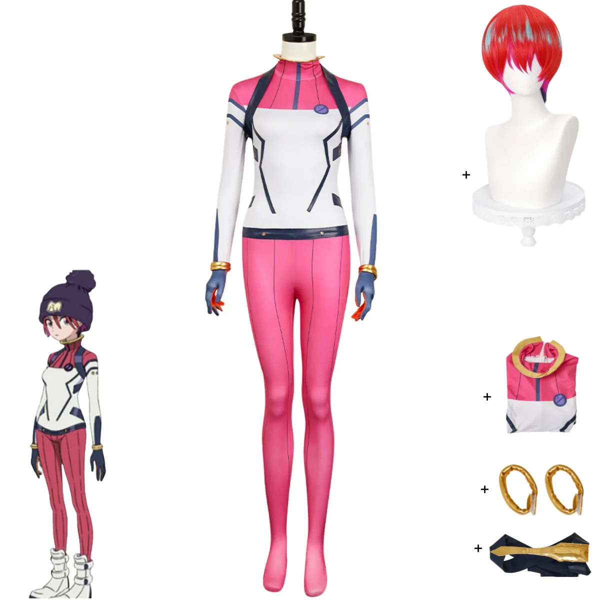 

Anime Gundam GQuuuuuuX Amate Yuzuriha Cosplay Costume Driver Uniform Pink White Montage Jumpsuits Wig Woman Sexy Halloween Suit
