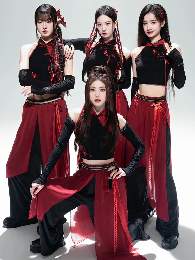 

Новый костюм для джазовых танцев 2025 года: Красный/черный наряд для выступлений в стиле Star Girl, традиционная сценическая одежда для женщин