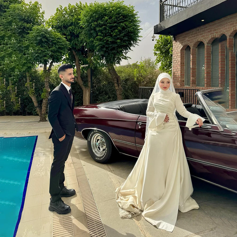

Muslim Hijab Wedding Dresses High Neck Long Flare Sleeve Mermaid Bride Dress Sweep Train Bridal Gown Customized robe de mariée