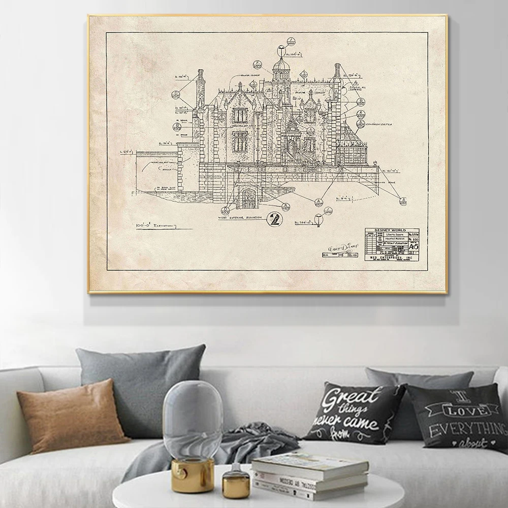 Disney World Haunted Mansion Canvas Painting Decoration Blueprint Vintage Posters Wall Art for Living Room Interior Home Decor