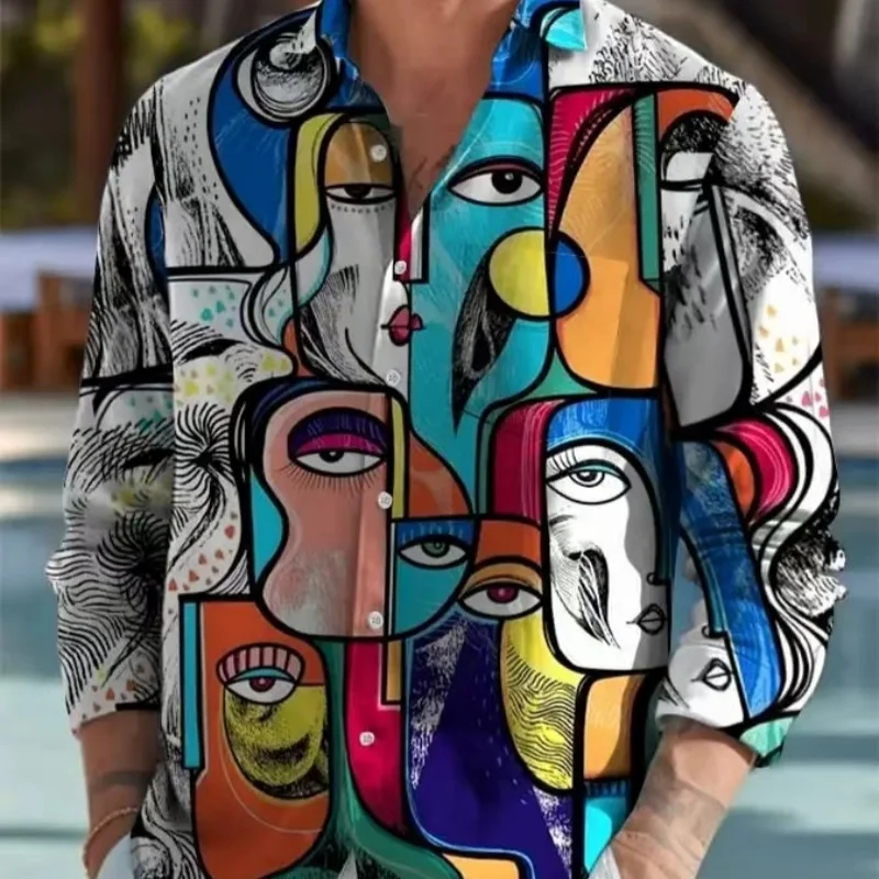 Abstrakte Gesichts-Hemden mit Porträt-3D-Druck für Männer und Frauen, Modische Hawaii-Hemden mit Langen Ärmeln, Strand-Blusen, Herren-Urlaubsbekleidung