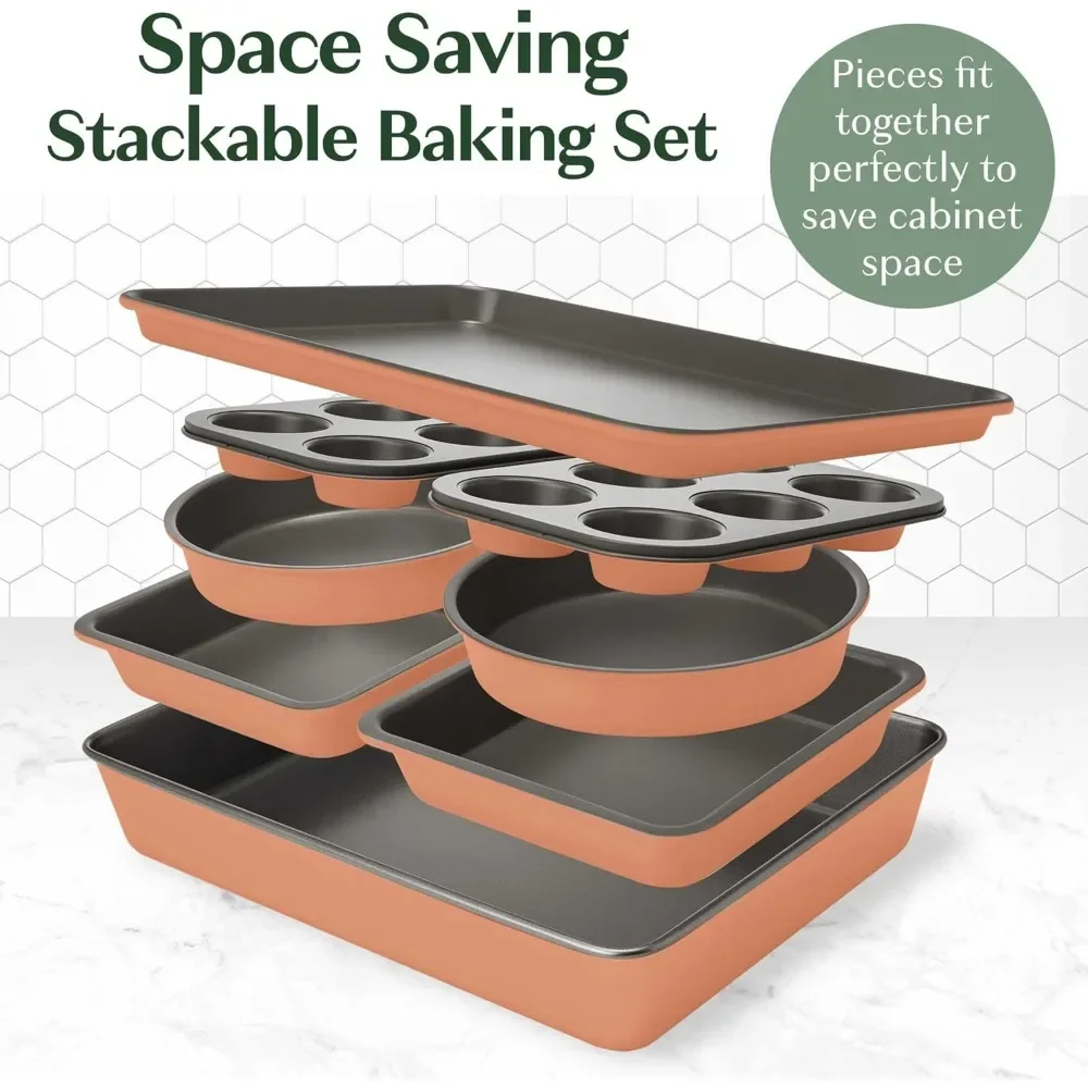 All-In-One Nonstick Bakeware Set, Stackable and Space Saving Design includes Round and Square Pans, Muffin Pans, Cookie