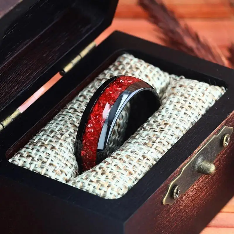 Ruby Red and Black Tungsten Wedding Band, 8Mm Mens Ring, Crushed Red German Glass Stones Polished Unique Band