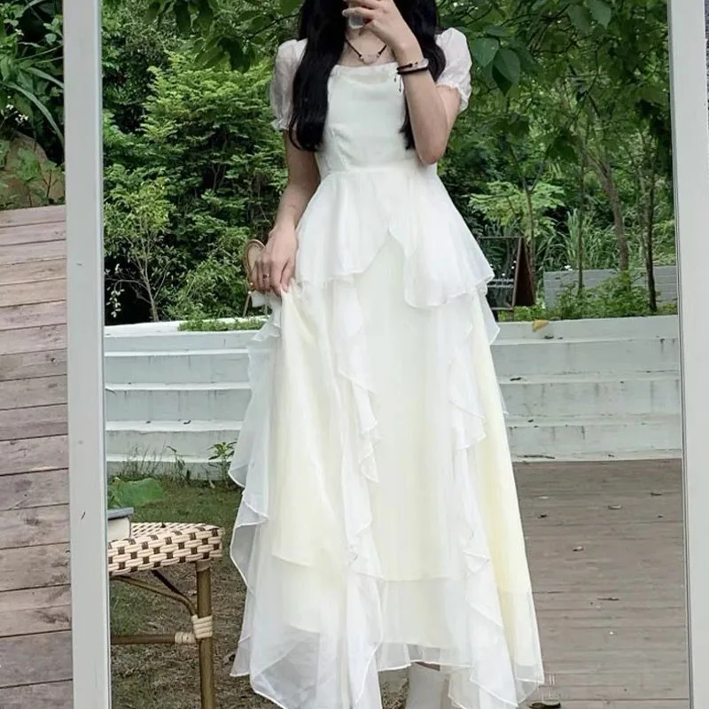 French White Short-sleeved Dress Female Summer Premium Long Dress Waisted Thin Gentle Vacation Party Dress Fashion Vintage Dress