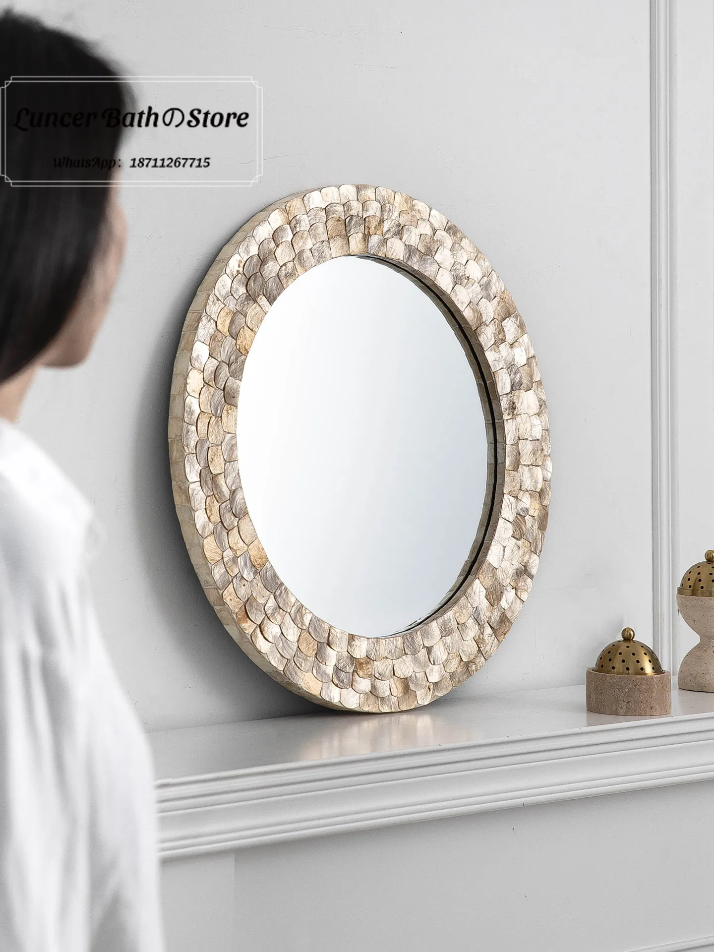 French antique natural shell decorative mirror entrance neoclassical round wall-mounted mirror bedroom dressing mirror bathroom