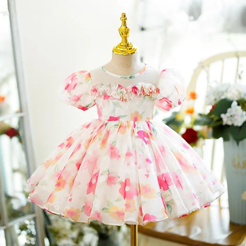 

Summer New Kids Clothes Children Boutique Princess Ball Gown Puff Sleeve Birthday Baptism Party Girls Print Dresses A3694