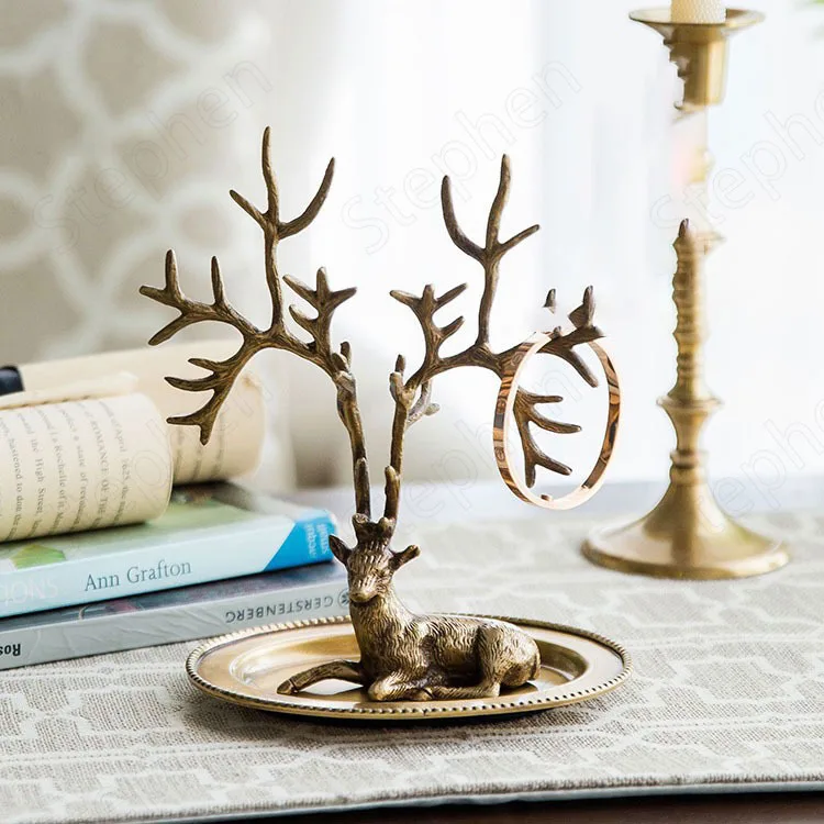 

Creativity Classical Elk Trays Decorative European Vintage Home Brass Deer Jewelry Rack Earrings Necklace Storage Display Tray