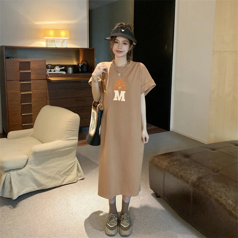 Women's Summer Casual Long T Shirt Dress, Slit Letter Print Sundress, Loose O Neck Tunic, Printed Basic Dresses, M-3XL, 4XL