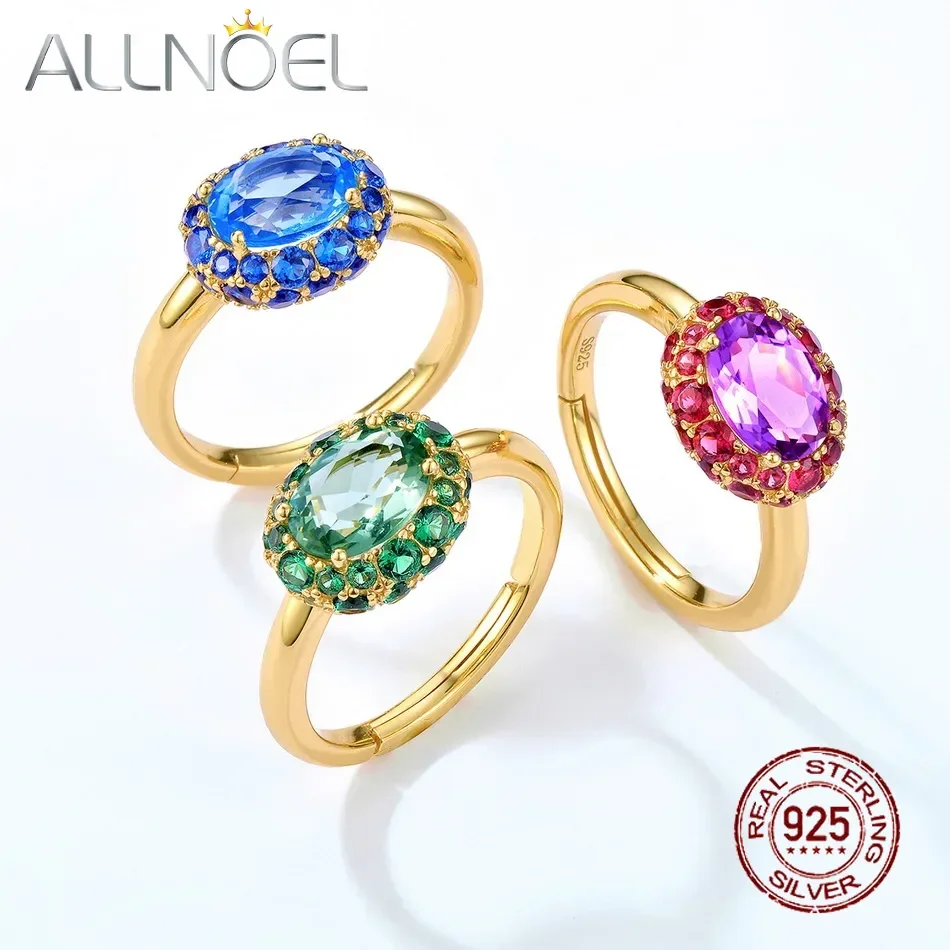 ALLNOEL 925 Sterling Silver Adjustable Rings For Women Green Blue Fuchsia Gemstones Amethyst CZ Zircon Gold Plated  Fine Jewelry
