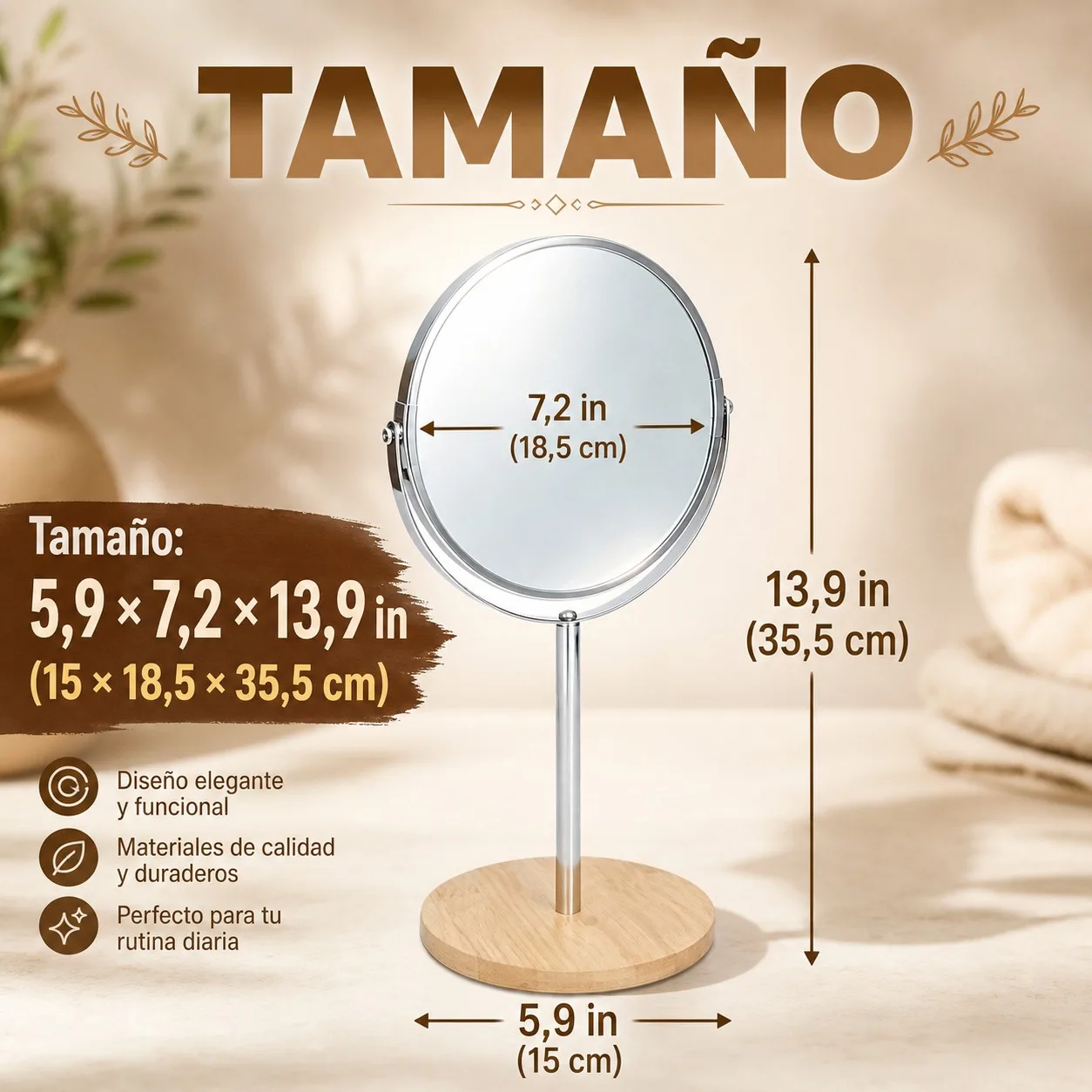Miroir de maquillage de bureau double face, base en bambou naturel, cadre en métal, grossissement 1x et 2x, 360° °   rotation