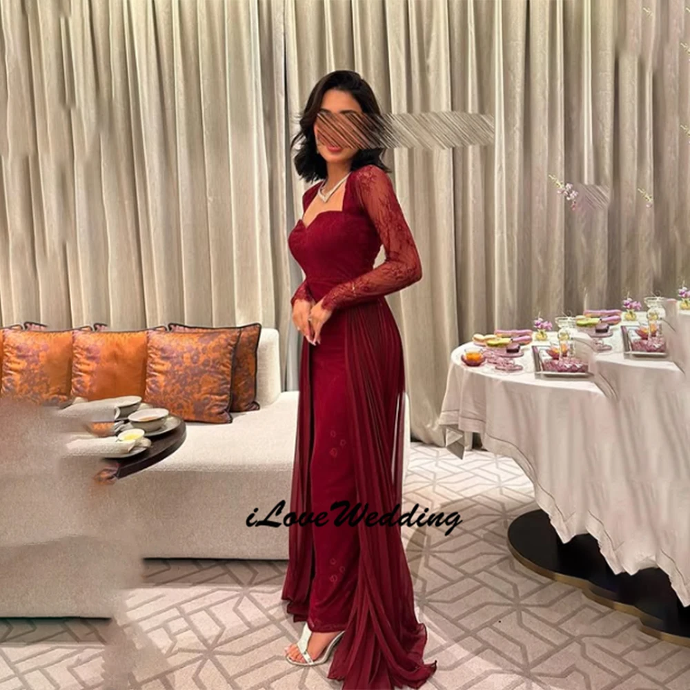 Customized Charming Sweetheart Long Sleeve Evening Dress Temperament Long Sleeves Prom Dresses Delicate Burgundy Party Gowns