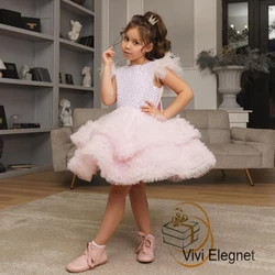 Fashion Sleeveleless Pink Flower Girl Dresses Summer Scoop Tiered Summer Beading Wedding Party Gowns New платье женское VV98005