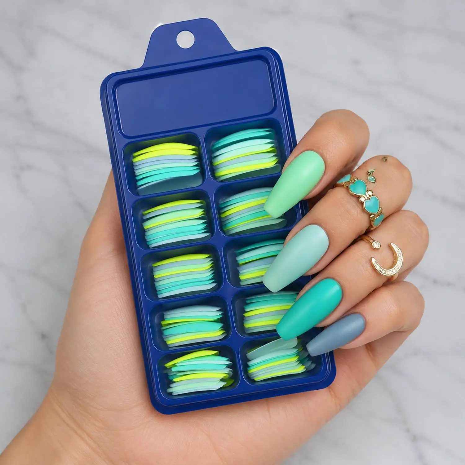 1Box Green Blue Ombre Long Trapezoid Press On Nail Green Blue Long Trapezoid Fake Nail Fresh Style Long Trapezoid False Nail
