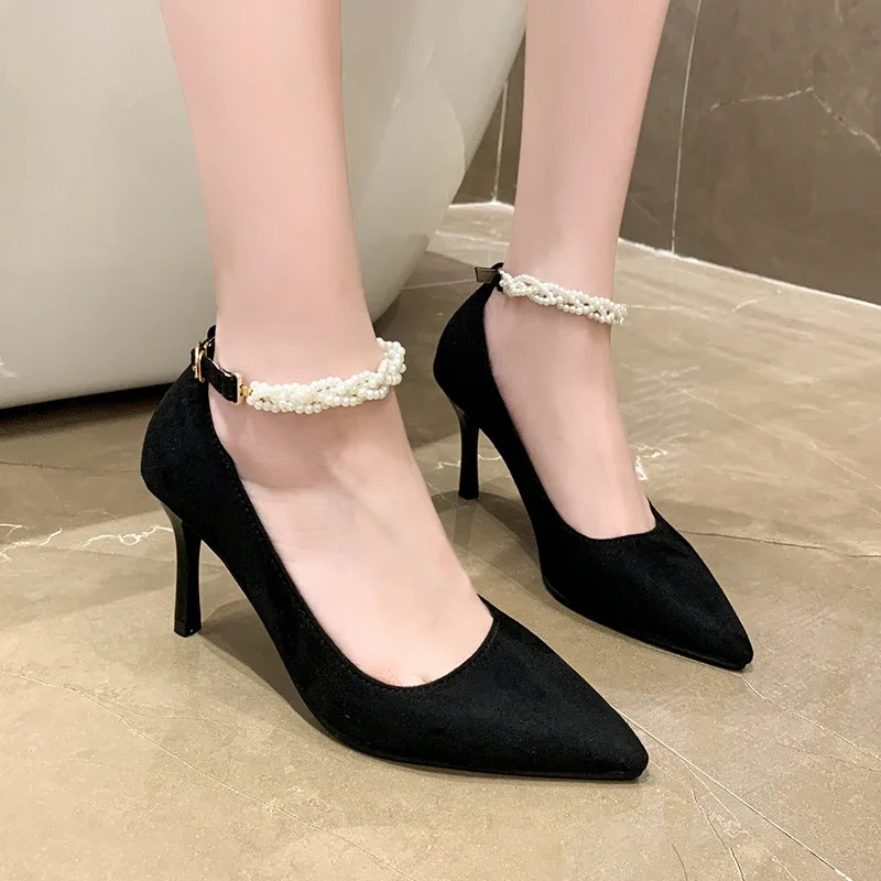 2024 New Fashion Solid Color Pointed Toe Buckle Stiletto High Heels Women's Spring Slip-on Versatile Young Fashion Trend