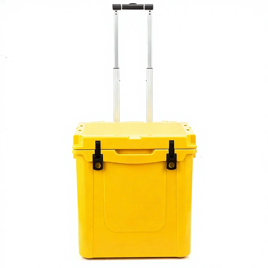 Customized Reusable 45qt Thermal Modern Portable Outdoor Wheeled Rotomolded PE Cooler Eco-Friendly Trolley Big Wheels Leak Proof
