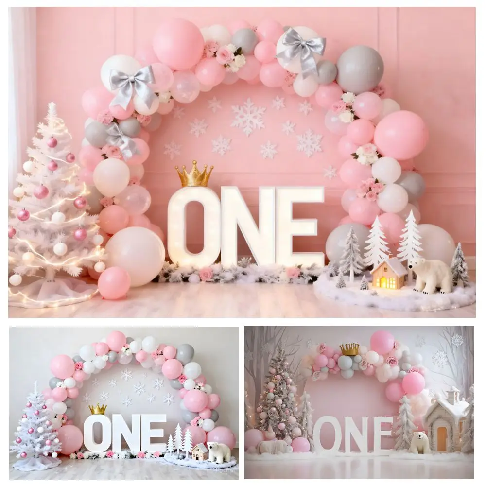 Pink Christmas Winter Baby 1st Birthday Photography Backdrop Ballooms Xmas Tree Snowflake Baby Portrait Photostudio Background