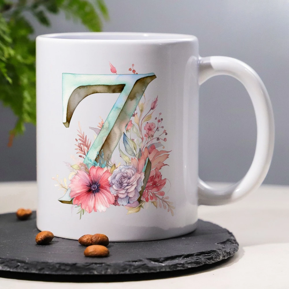 

Floral Alphabet Ceramic Mug Set - 11oz A-Z Letters with Elegant Blossoms, Perfect for Nature Lovers & Gift-Giving, High-Quality,