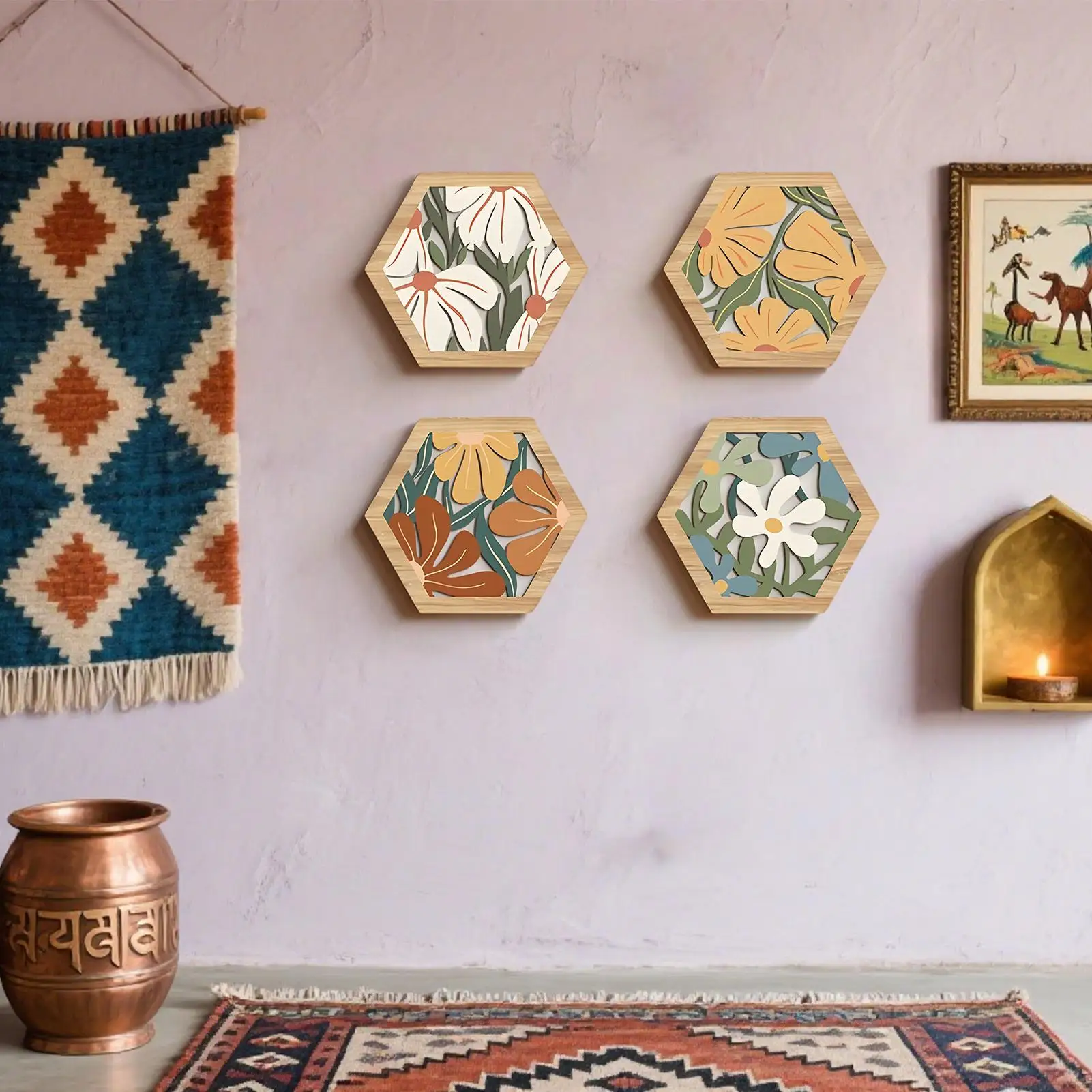 

4 Pieces Boho Wooden Wall Decor Morandi Geometric Hollow Home Hanging Wall Decoration for Living Room Bedroom Entryway Dining