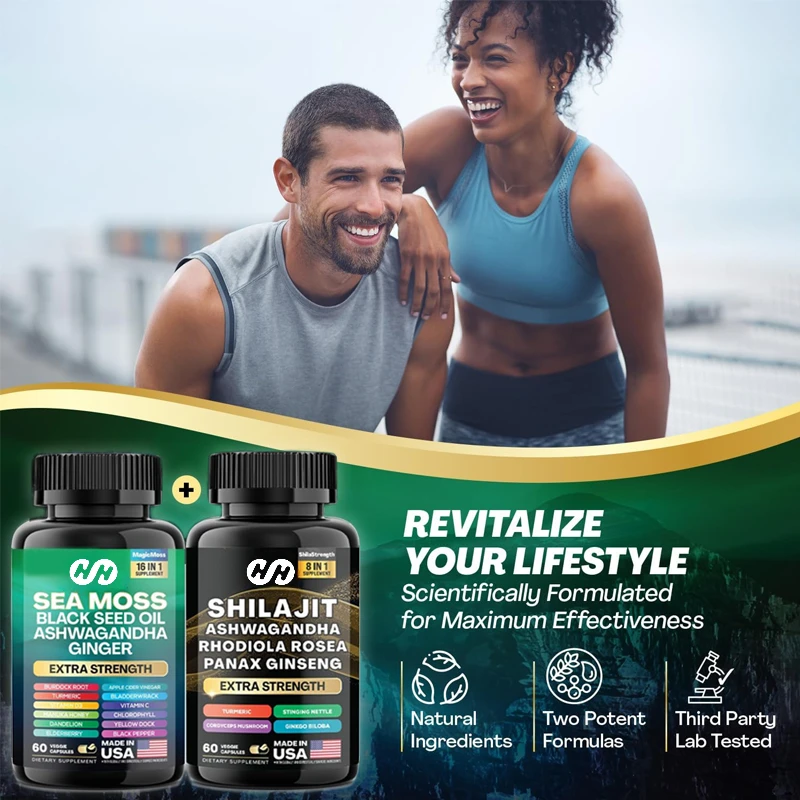 The Seaweed+Shilajit Two-piece Set Includes 180 Capsules of Black Seed Oil, Turmeric, Etc.,providing 8-in-1 and 16-in-1 Formulas