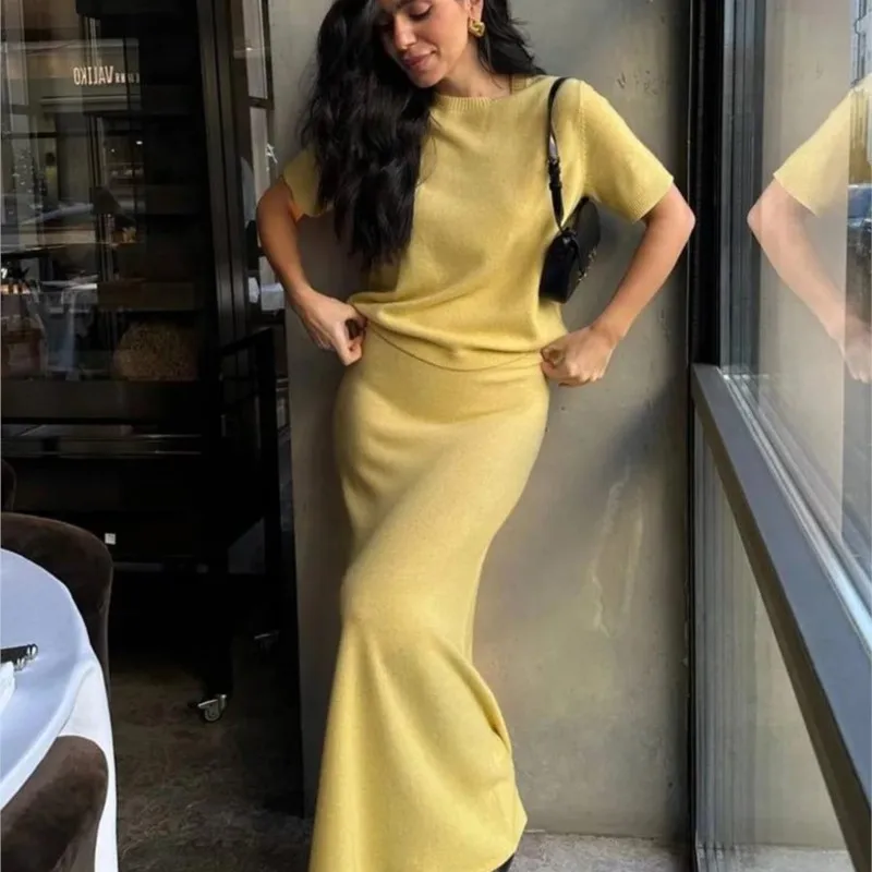 Matching Two Piece High Waist Viscose Knit Short Sleeve Maxi Skirt Women Skirt Set Ribbed Solid Office Outfit Knitwear Chic Fall