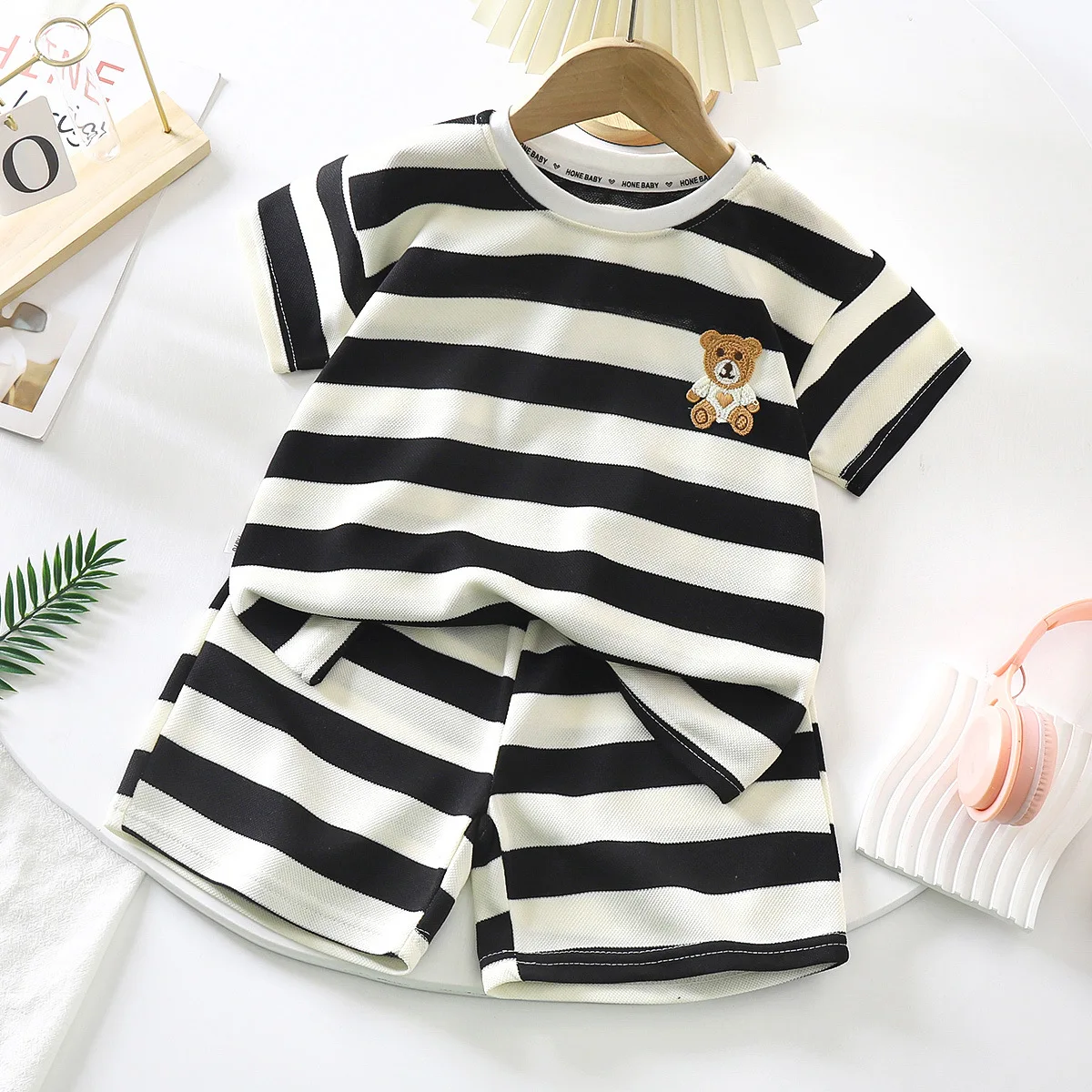 Baby Clothes Cute Stripe Bear Set Summer Casual Short Sleeve Shorts Two-piece Set Infant Home Wear 1-6 Years Old