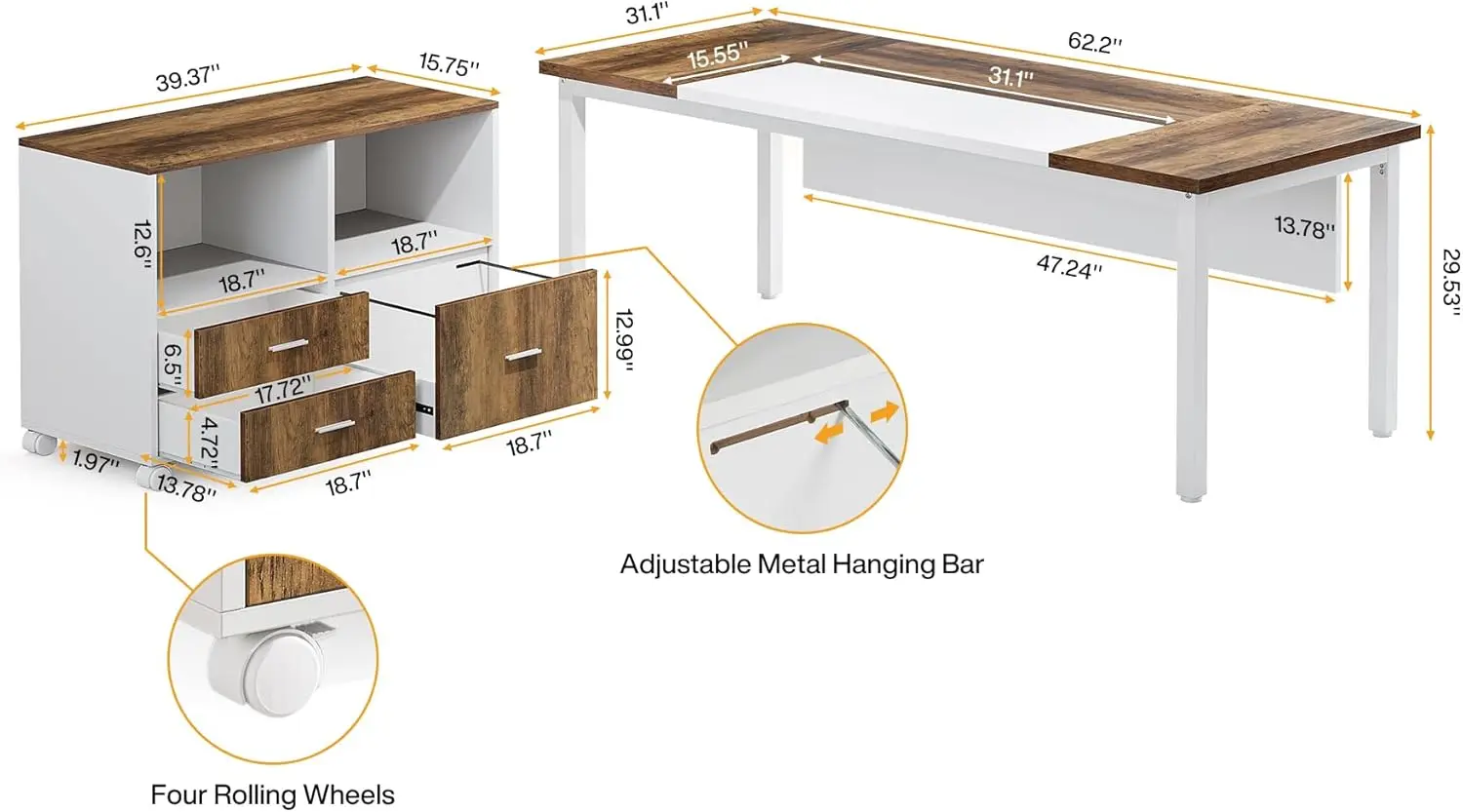 Office Desk with Cabient,63 inches L Shaped Computer Desk with Drawers and Mobile File Cabinet, Executive Desk for Home Office F